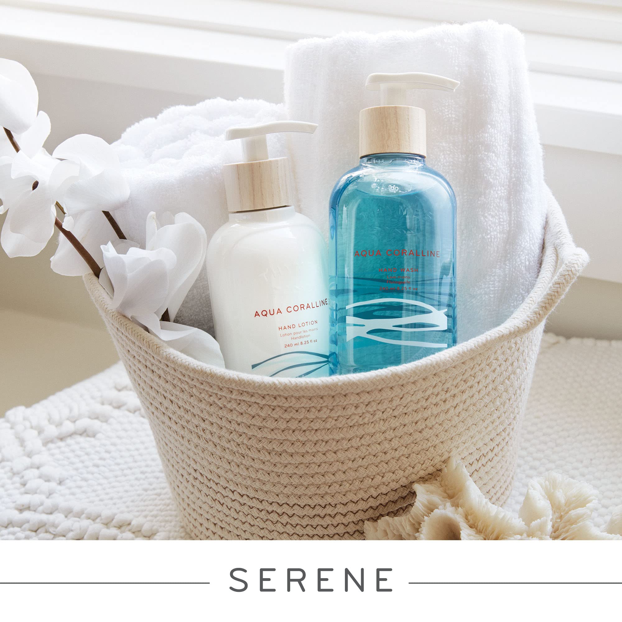Thymes Aqua Coralline kitchen-scene bottle emphasizes clean, ocean-inspired fragrance with lasting freshness.