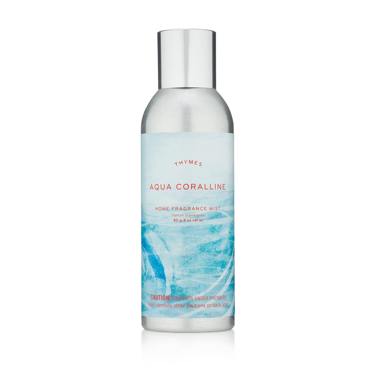 Thymes Aqua Coralline room spray bottle shown for fresh air and subtle coastal notes.