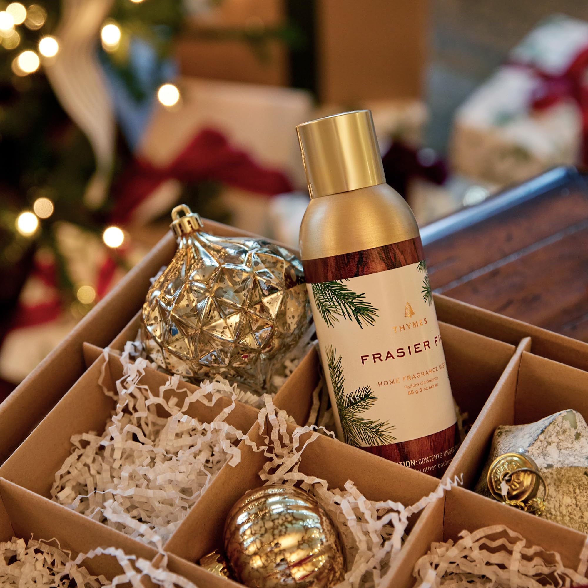 Thymes Frasier Fir living room mist creates an instant piney ambiance.