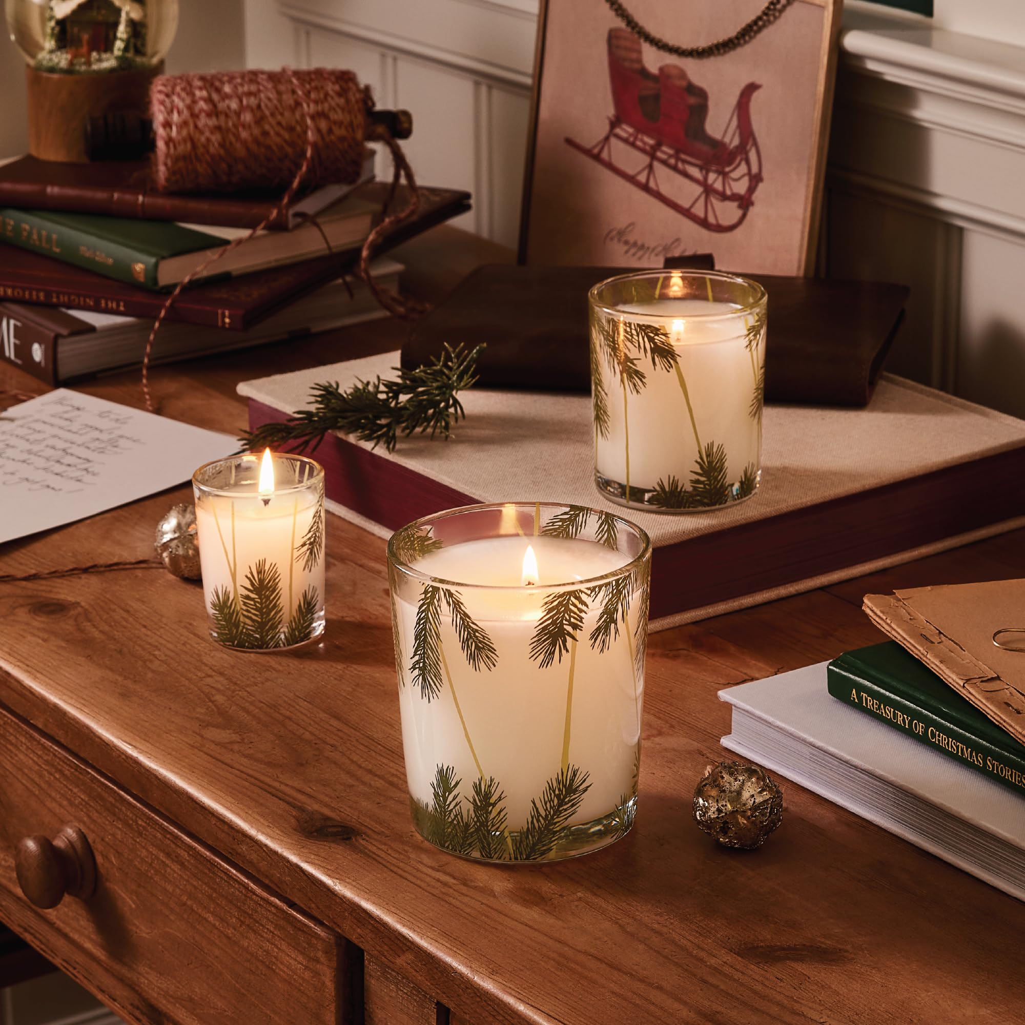 Thymes Frasier Fir cedarwood and sandalwood notes emphasized in fragrance.