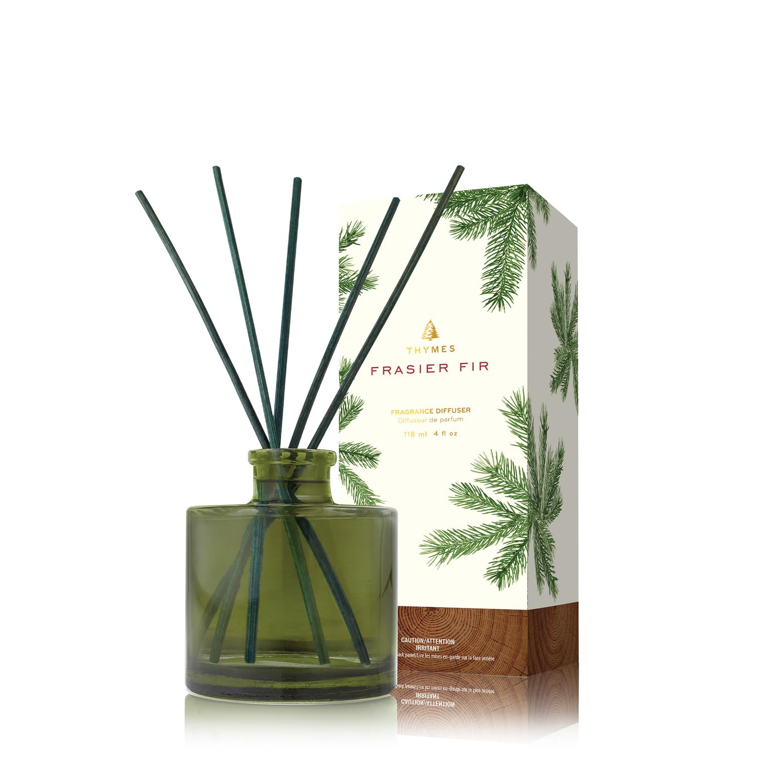 Thymes Frasier Fir diffuser in green bottle enhances cozy spaces with flameless aroma