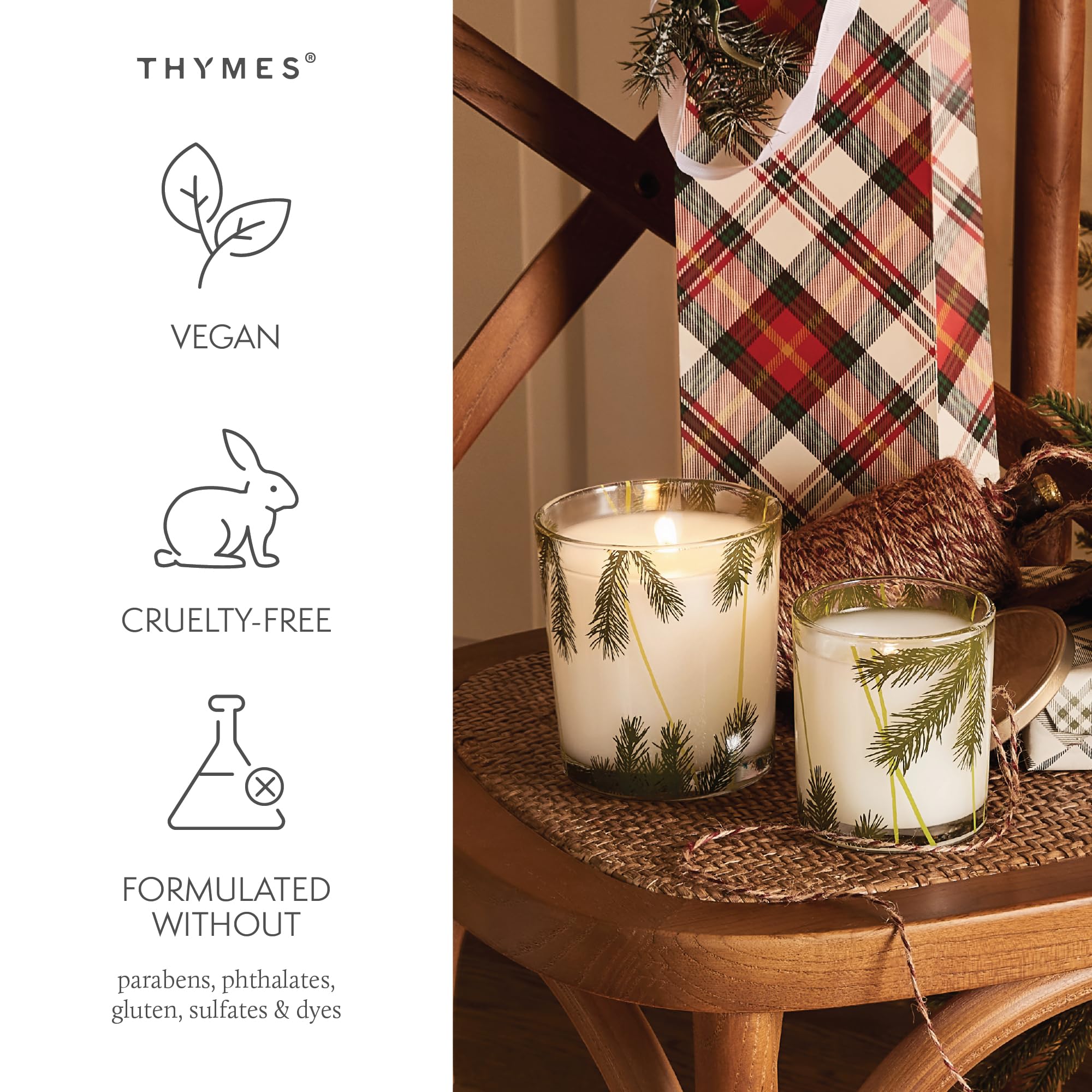 Thymes Frasier Fir holiday decor scene with glass jar.