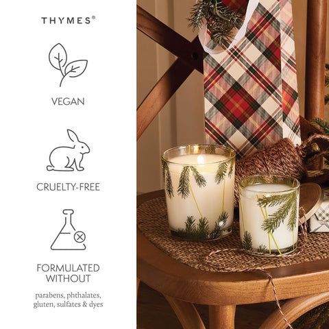 Thymes Frasier Fir holiday decor scene with glass jar.
