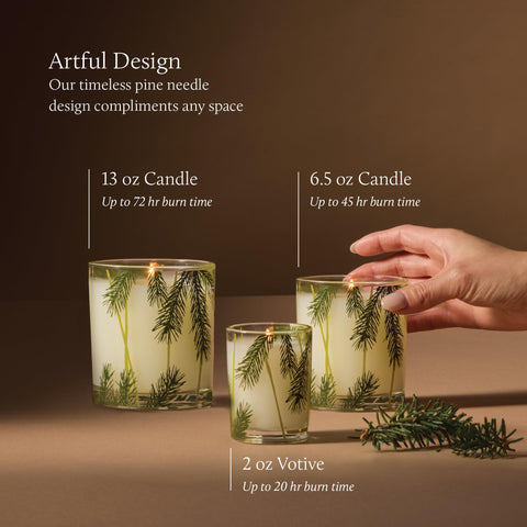 Thymes Frasier Fir candle glowing warmly for cozy evenings.