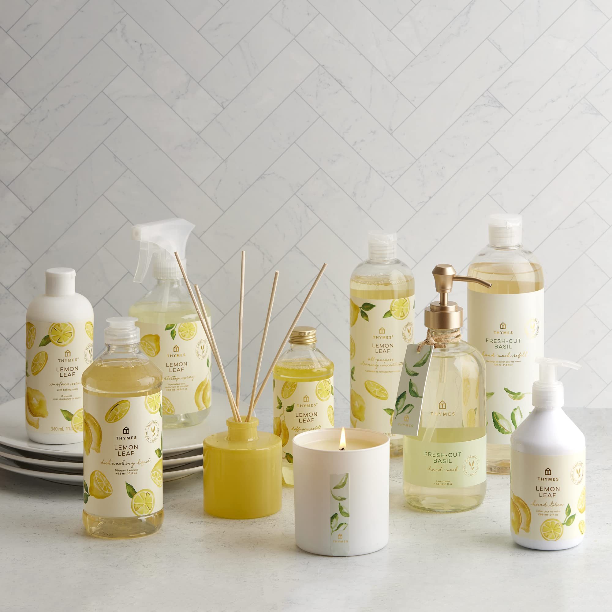 Thymes Lemon Leaf fragrance notes close-up, highlighting lemon verbena and bergamot.