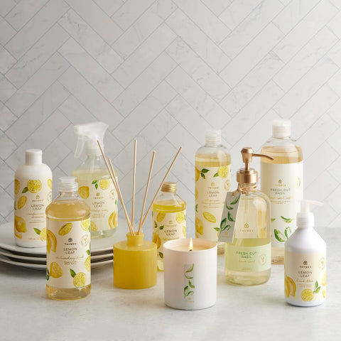 Thymes Lemon Leaf fragrance notes close-up, highlighting lemon verbena and bergamot.