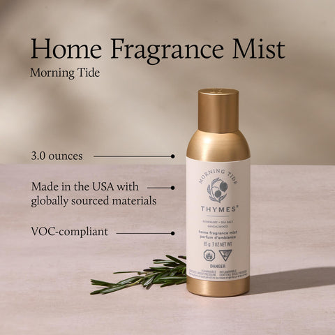 Thymes Morning Tide embossed label detail on the vessel enhances room ambiance