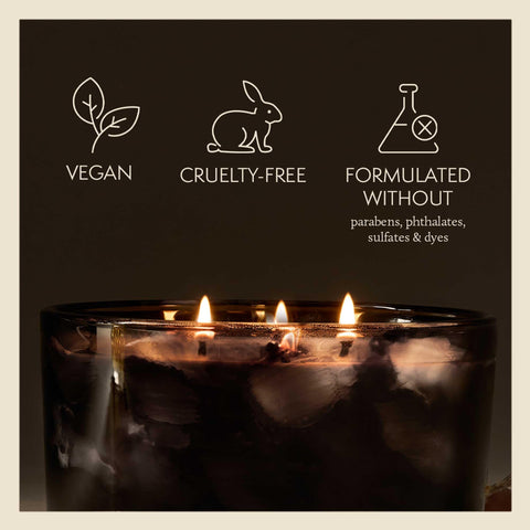 Thymes Noir Woods candle glowing softly in a stylish living space.