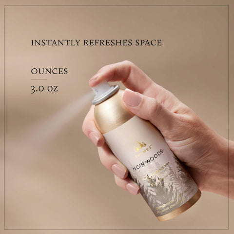 Noir Woods notes image highlighting evergreen, smoky wood, amber for refined scent.
