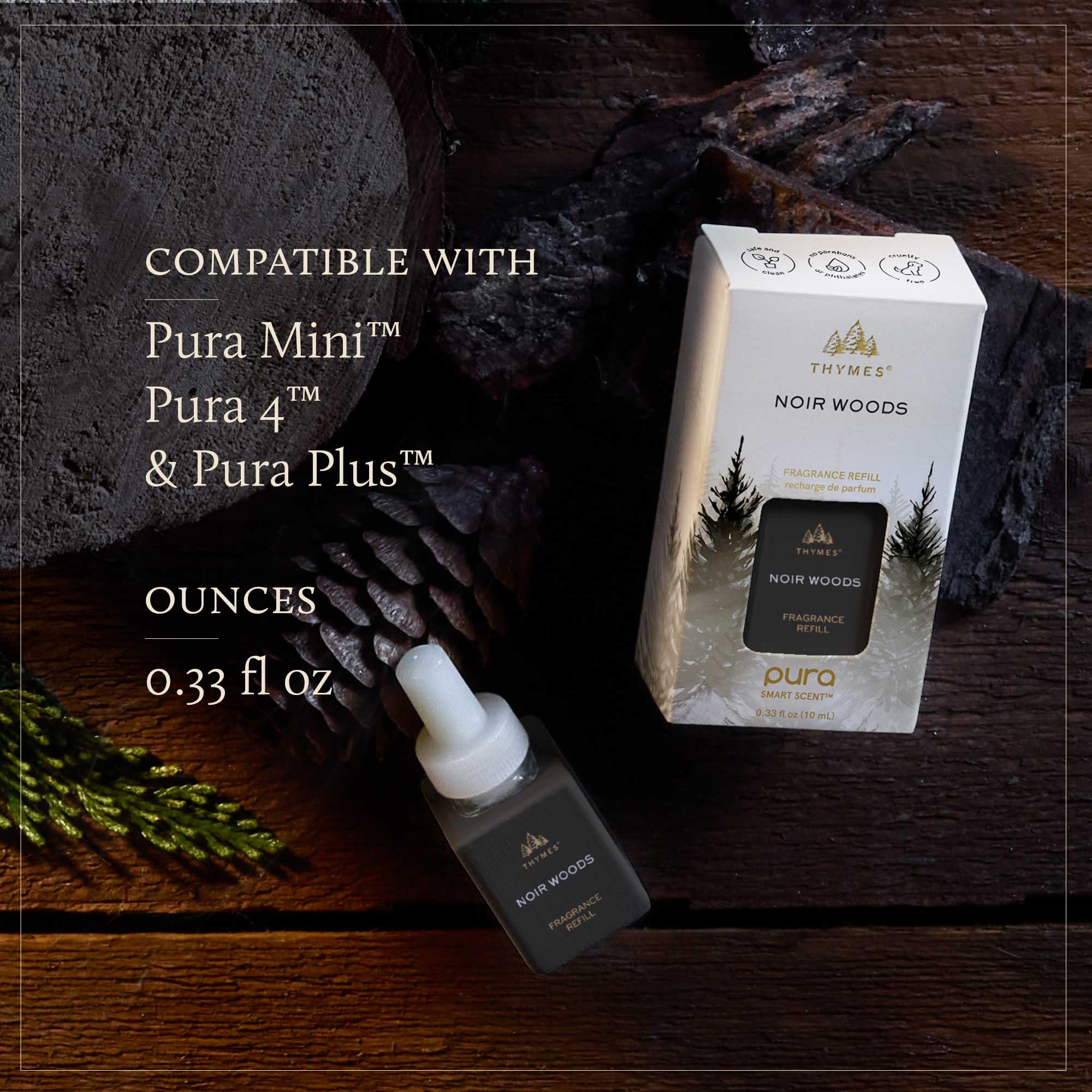Thymes Pura Noir Woods refill closeup amber shows warm notes suited for evenings.