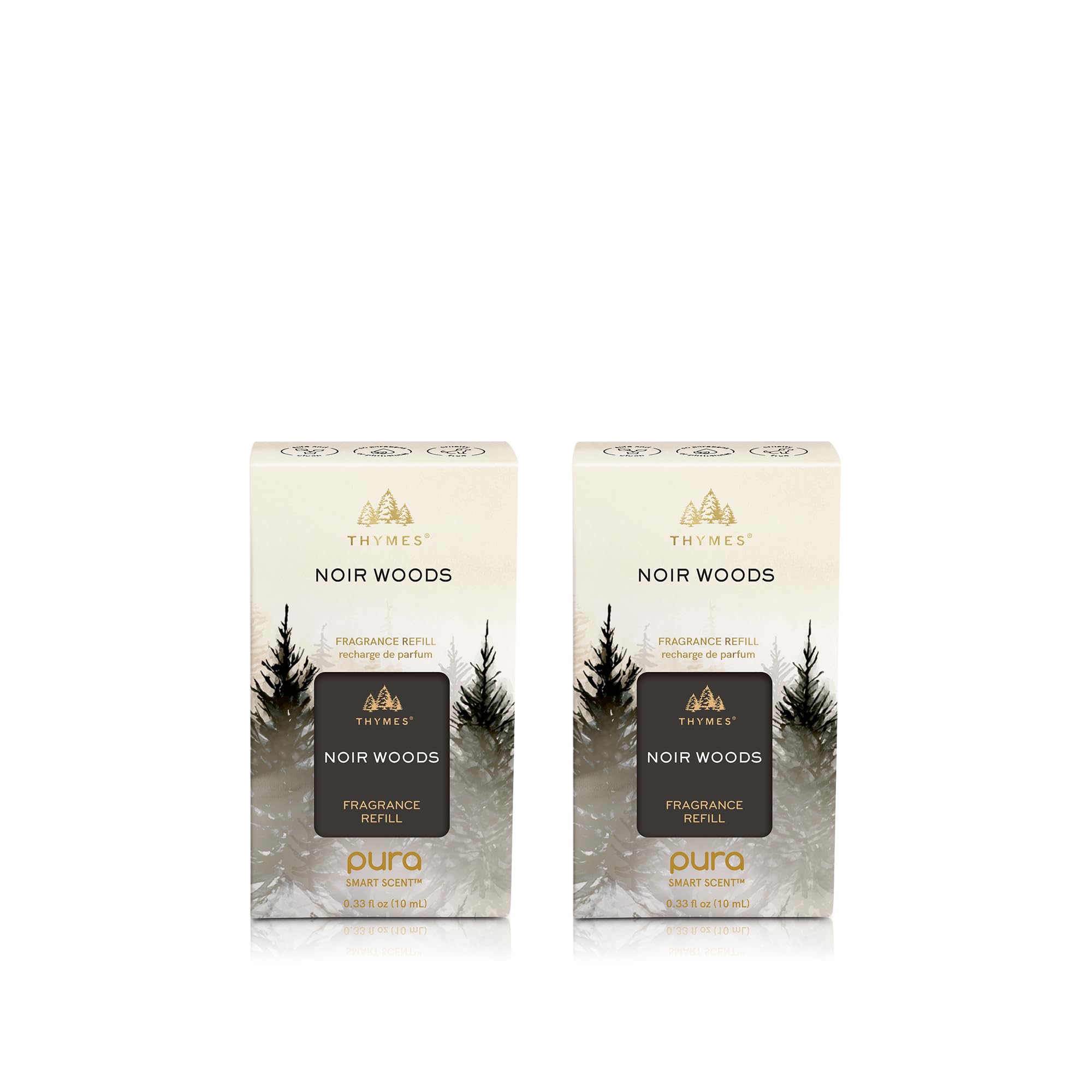 Thymes Pura Noir Woods refill product shot highlights a two-pack for easy scent refresh.