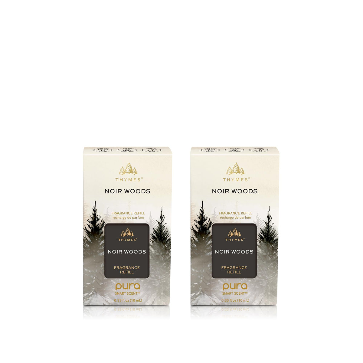 Thymes Pura Noir Woods refill product shot highlights a two-pack for easy scent refresh.