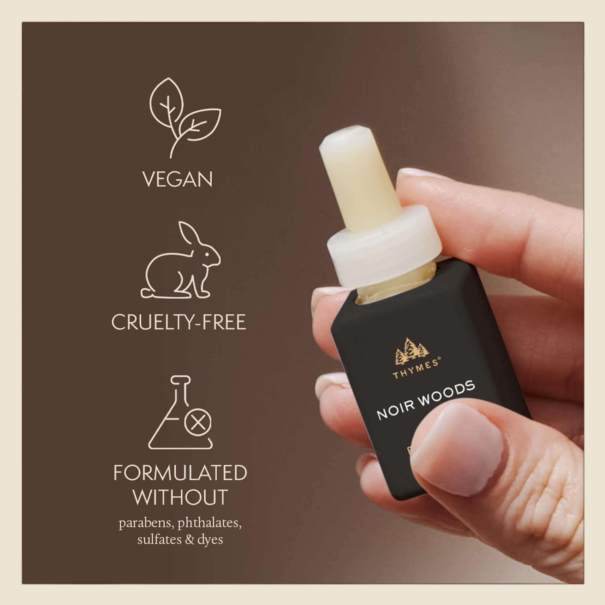 Thymes Pura Noir Woods refill woodsy-notes evokes cabin coziness and evergreen freshness.