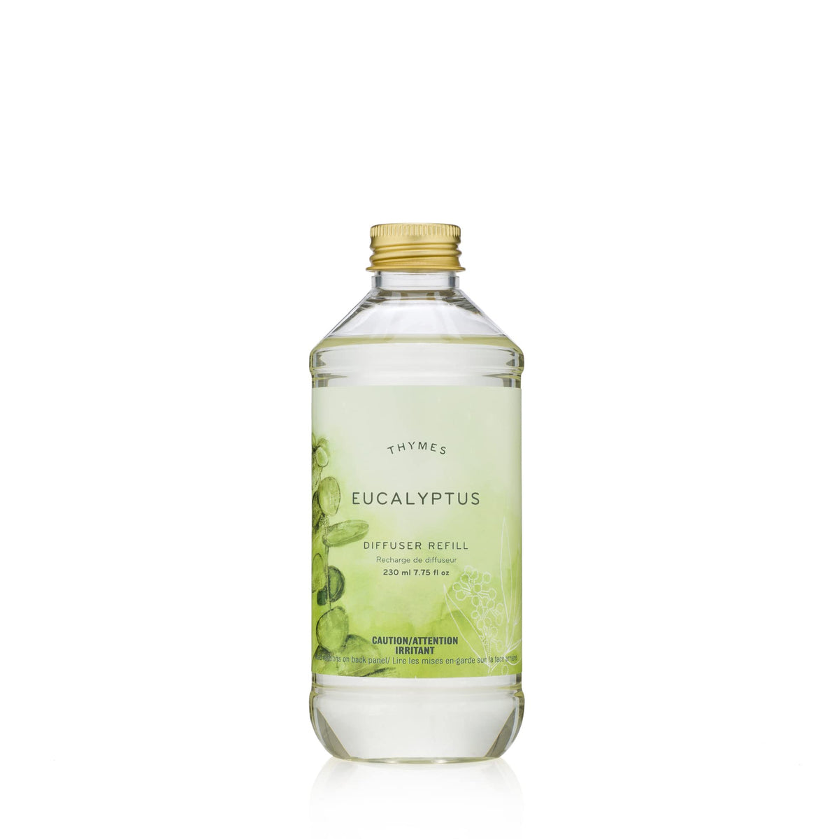 Thymes reed diffuser oil refill bottle close-up highlighting eucalyptus and citrus fragrance.