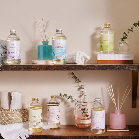 Thymes reed diffuser oil refill with reeds ready for immediate, flameless diffusion.