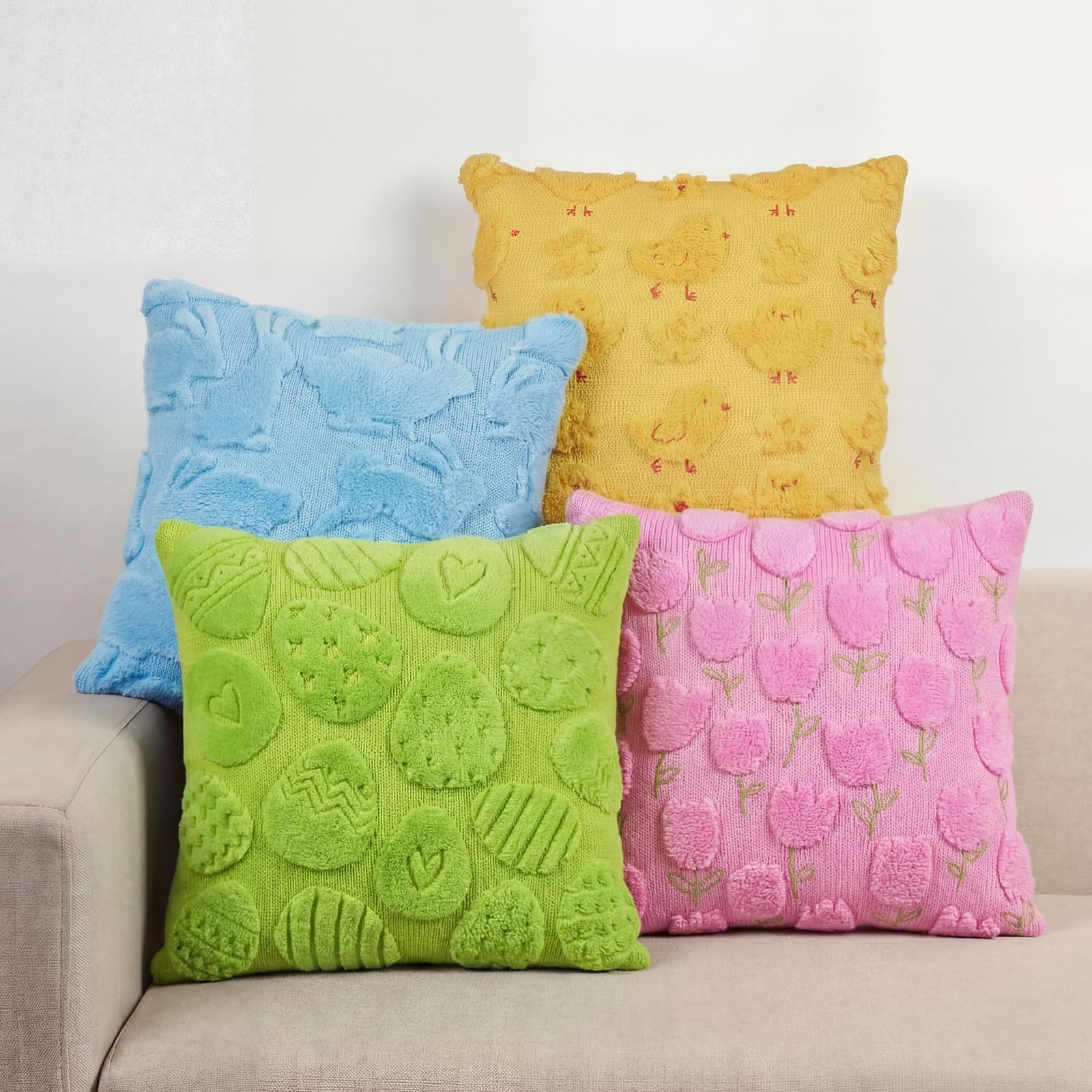 Tiamon Easter pillow covers 4-pack add festive charm to living room decor.