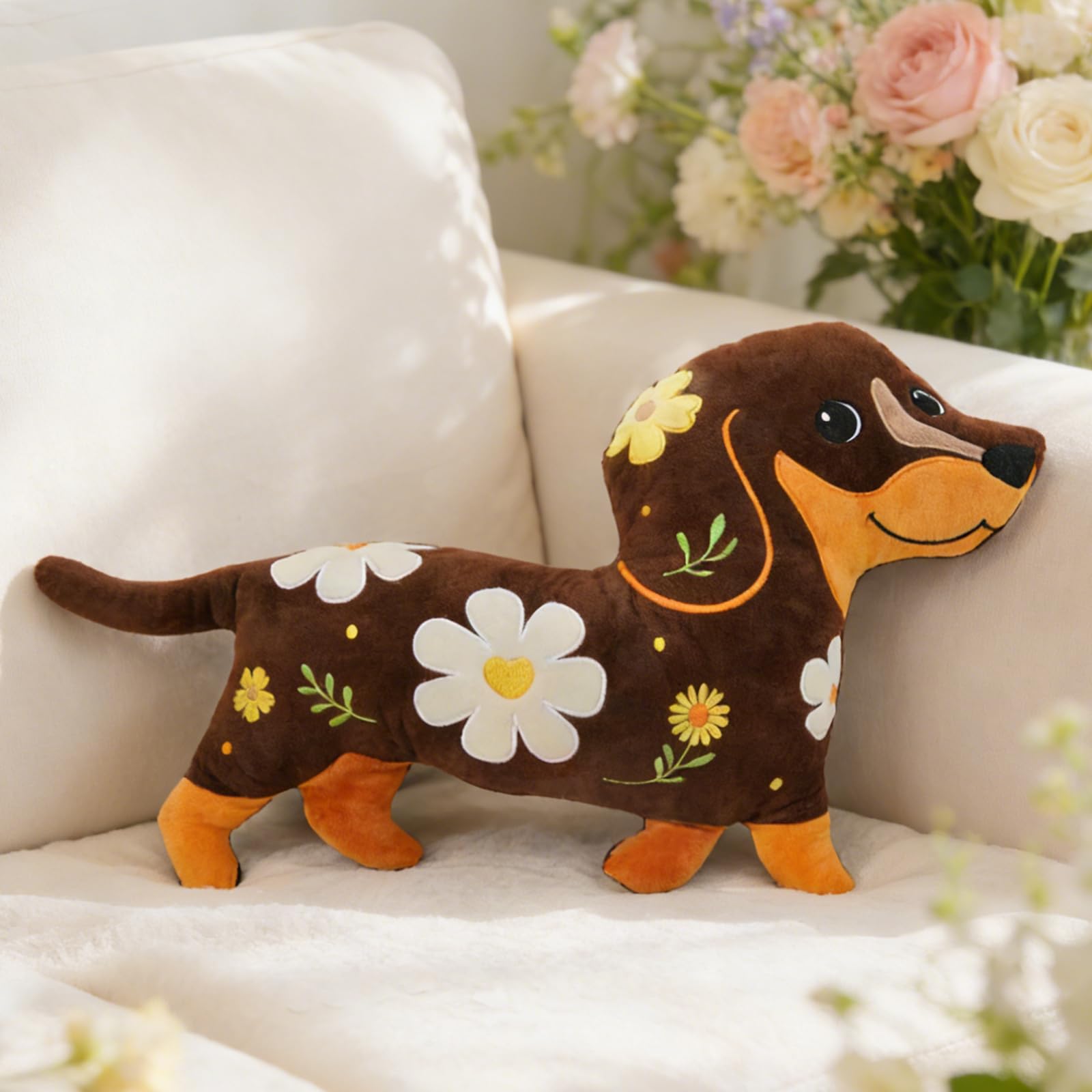 Tian Zhun dachshund pillow on sofa for cozy decor