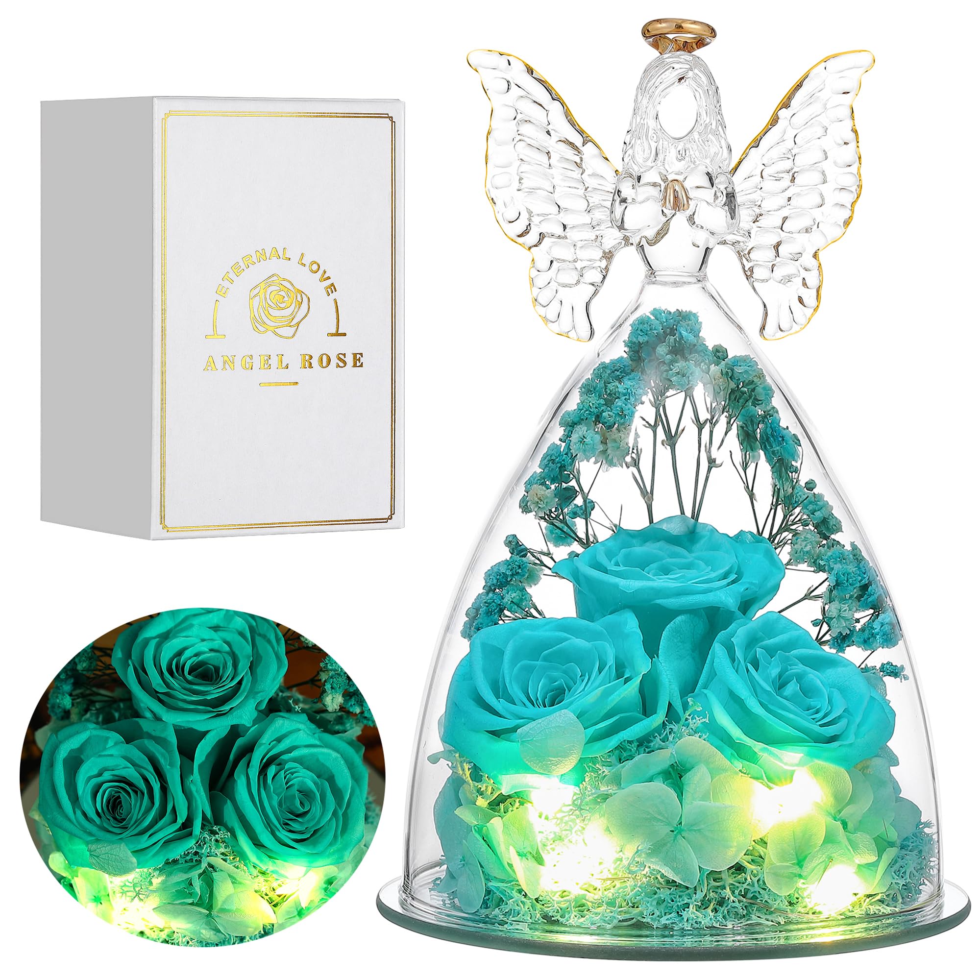 Tiaronics Mothers Day rose inside a glass angel figurine, a lasting keepsake for mom.