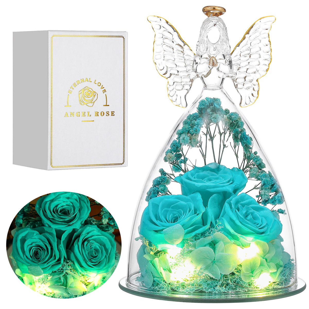 Tiaronics Mothers Day rose inside a glass angel figurine, a lasting keepsake for mom.