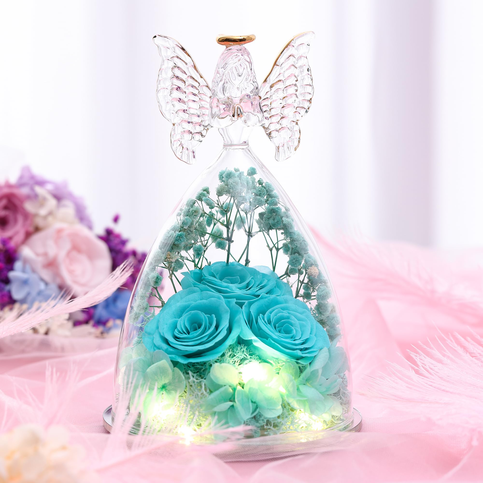 Tiaronics no wilting rose in glass angel, easy care and long-lasting decor.