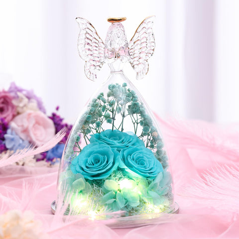 Tiaronics no wilting rose in glass angel, easy care and long-lasting decor.