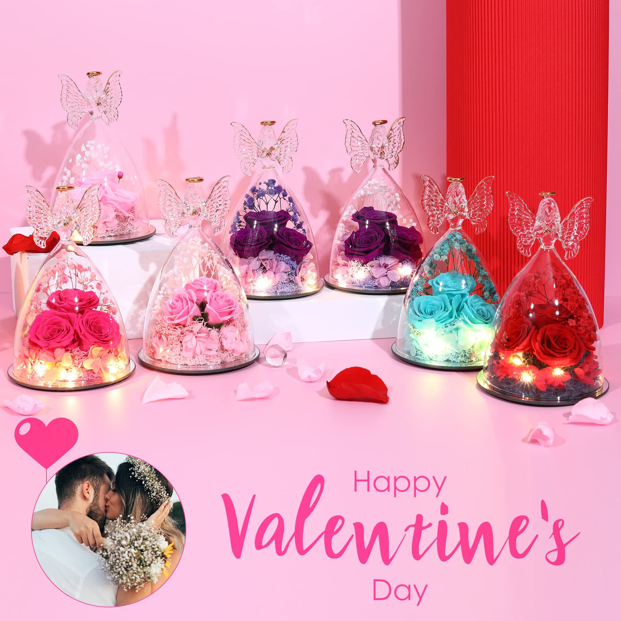 Tiaronics wedding anniversary rose in glass angel, a memorable display piece.
