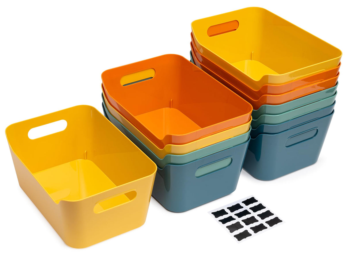 Tiawudi 12-pack 4.5L storage bins stacked for organized pantry and shelves.