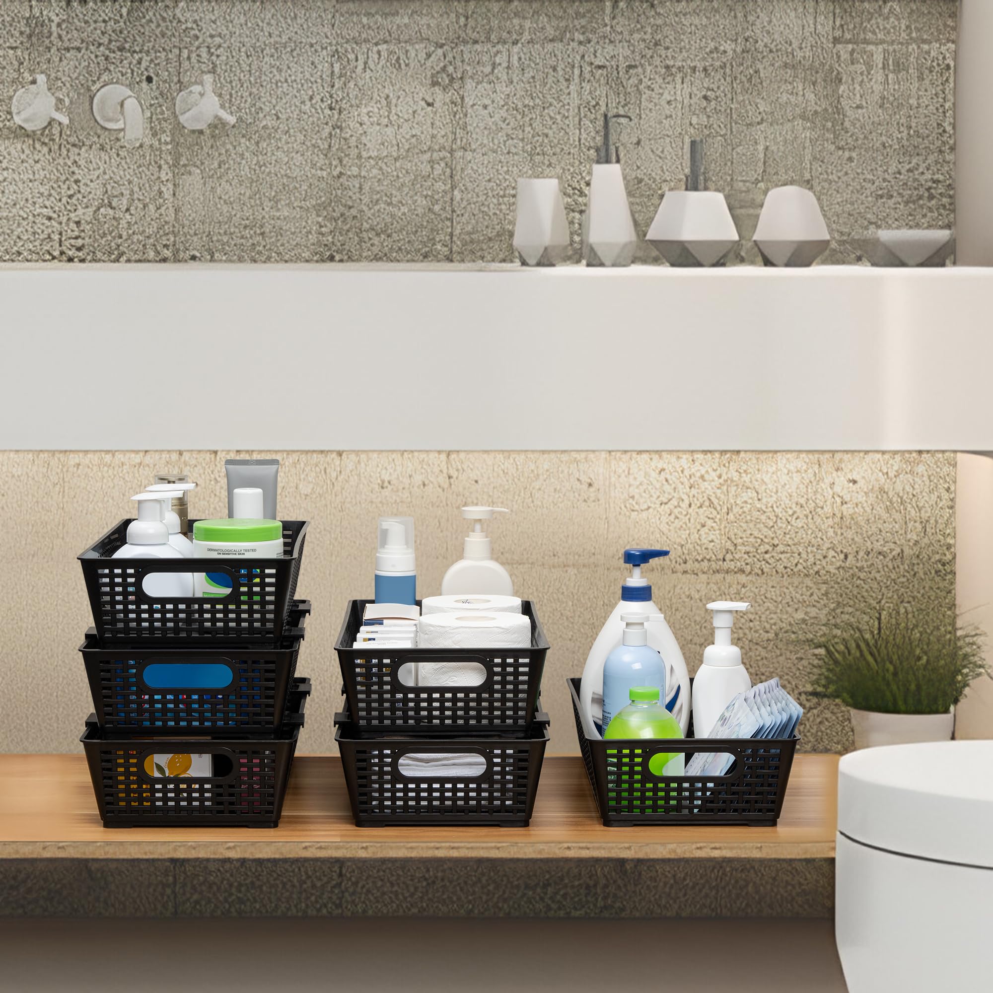 Tiawudi basket under sink keeps cleaning tools tidy.