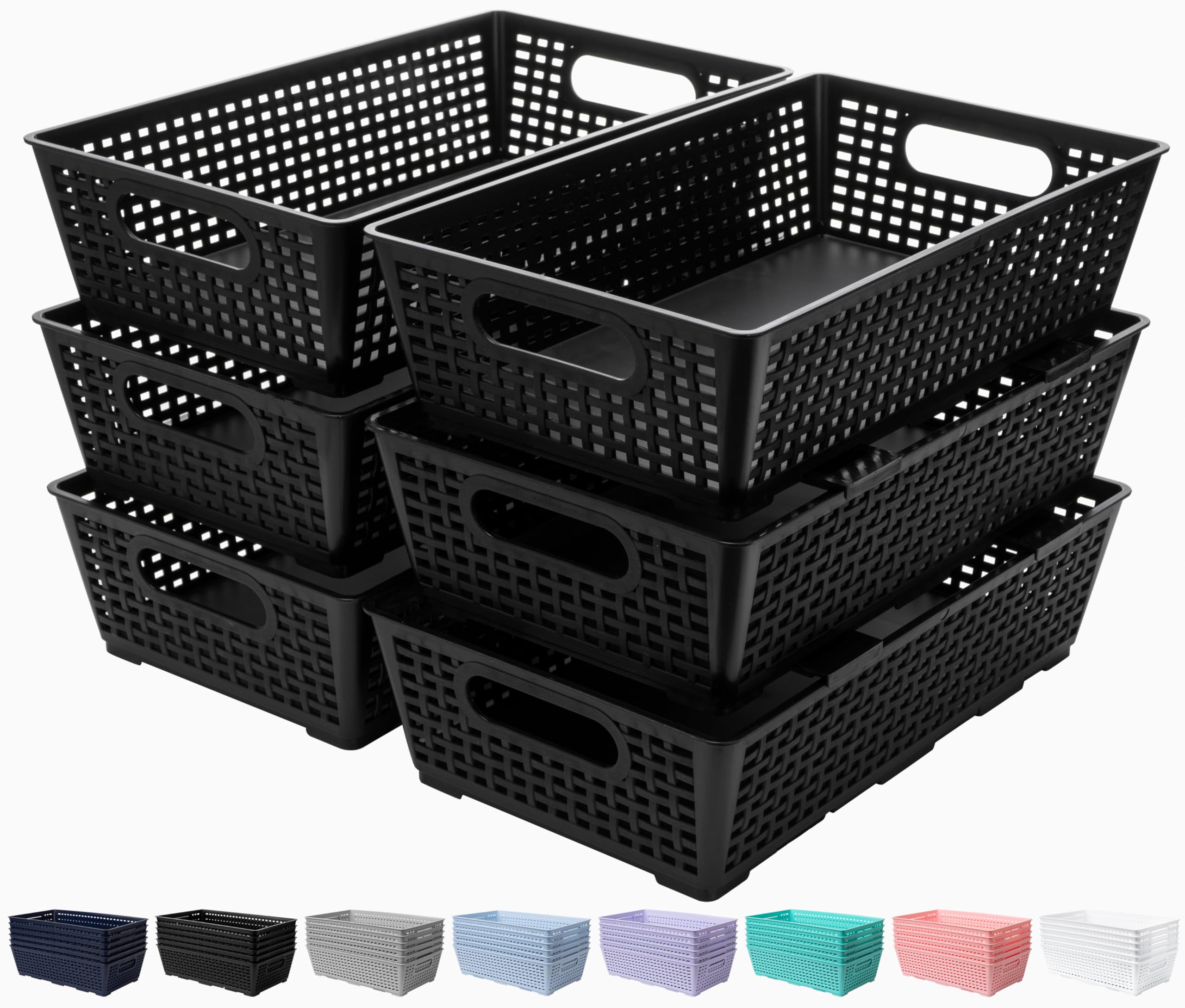 Tiawudi stackable basket front view shows roomy capacity on shelves.
