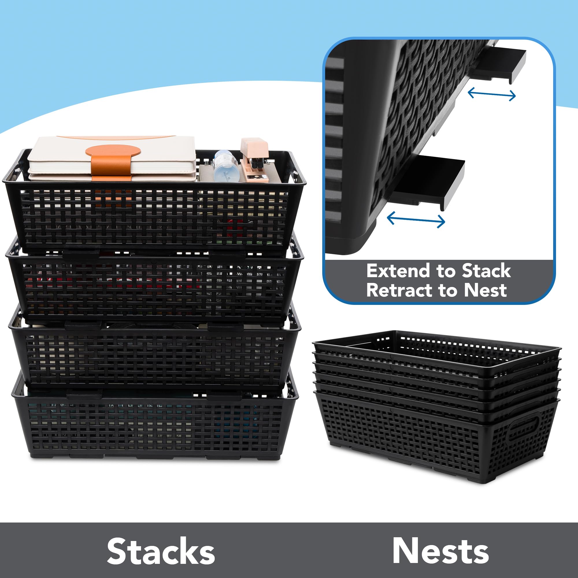 Tiawudi stackable basket demonstrates nesting to save space.