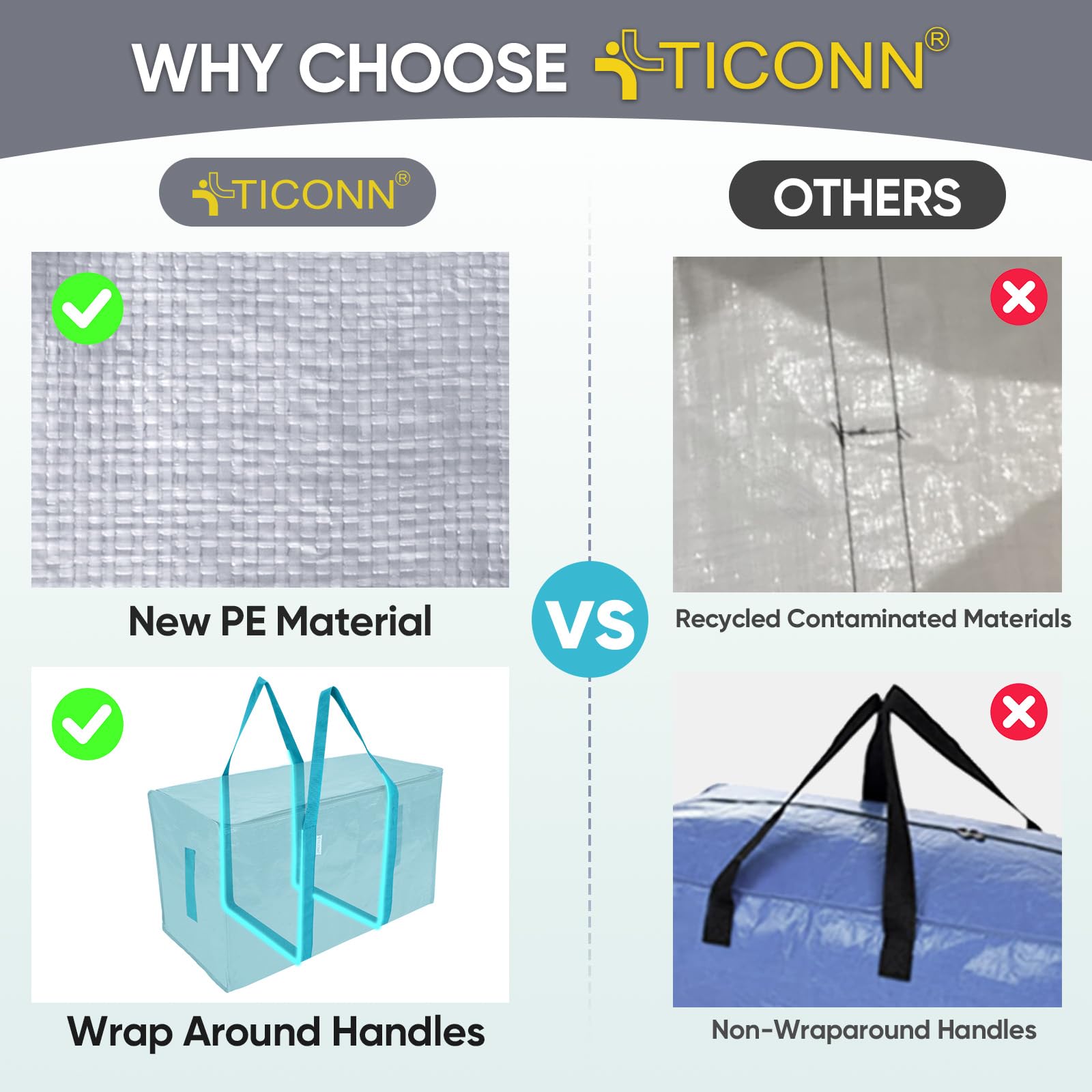 TICONN moving bag with strong carrying handles for heavy loads.