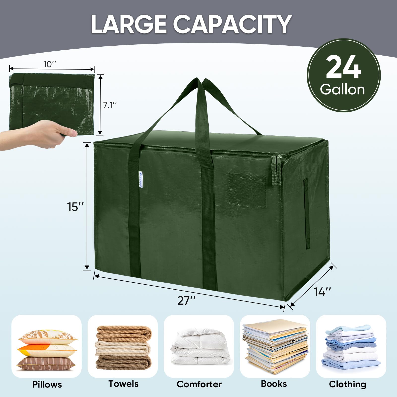TICONN olive moving bag folded-flat for space-saving storage.