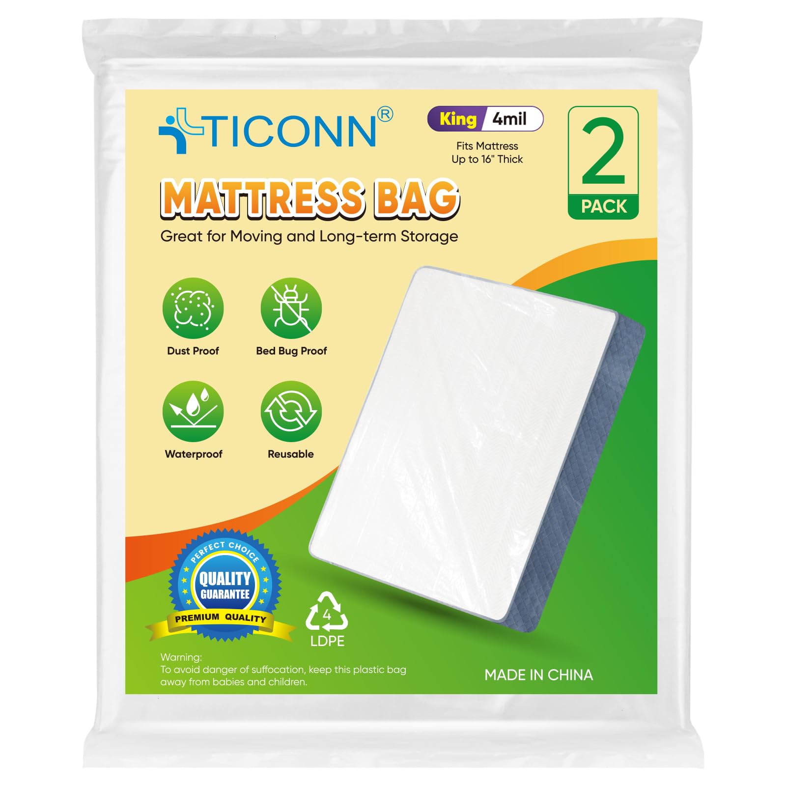 TICONN king-size mattress bag in 4mil waterproof material protecting the mattress during move
