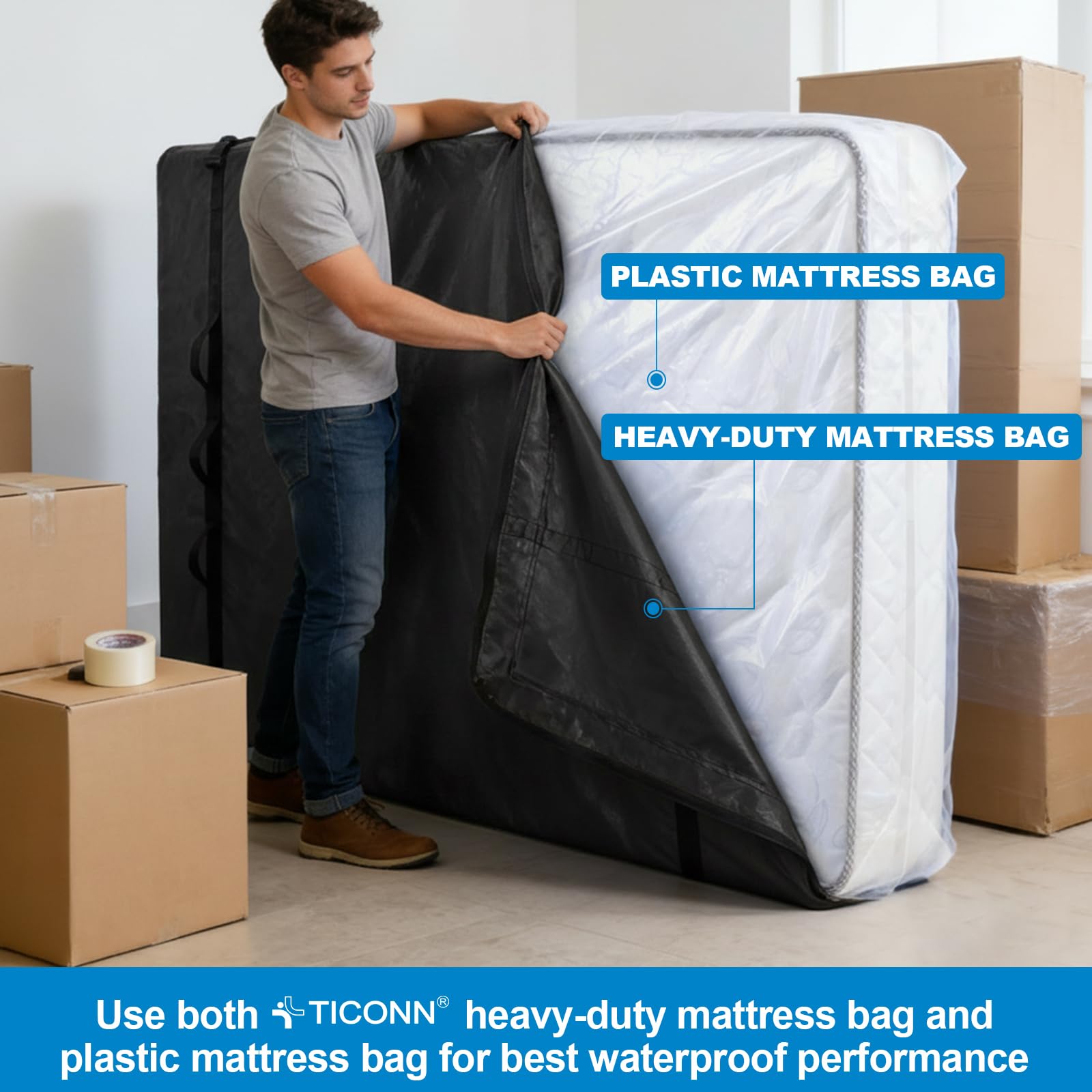 TICONN mattress bags support up to 16-inch thick mattresses.