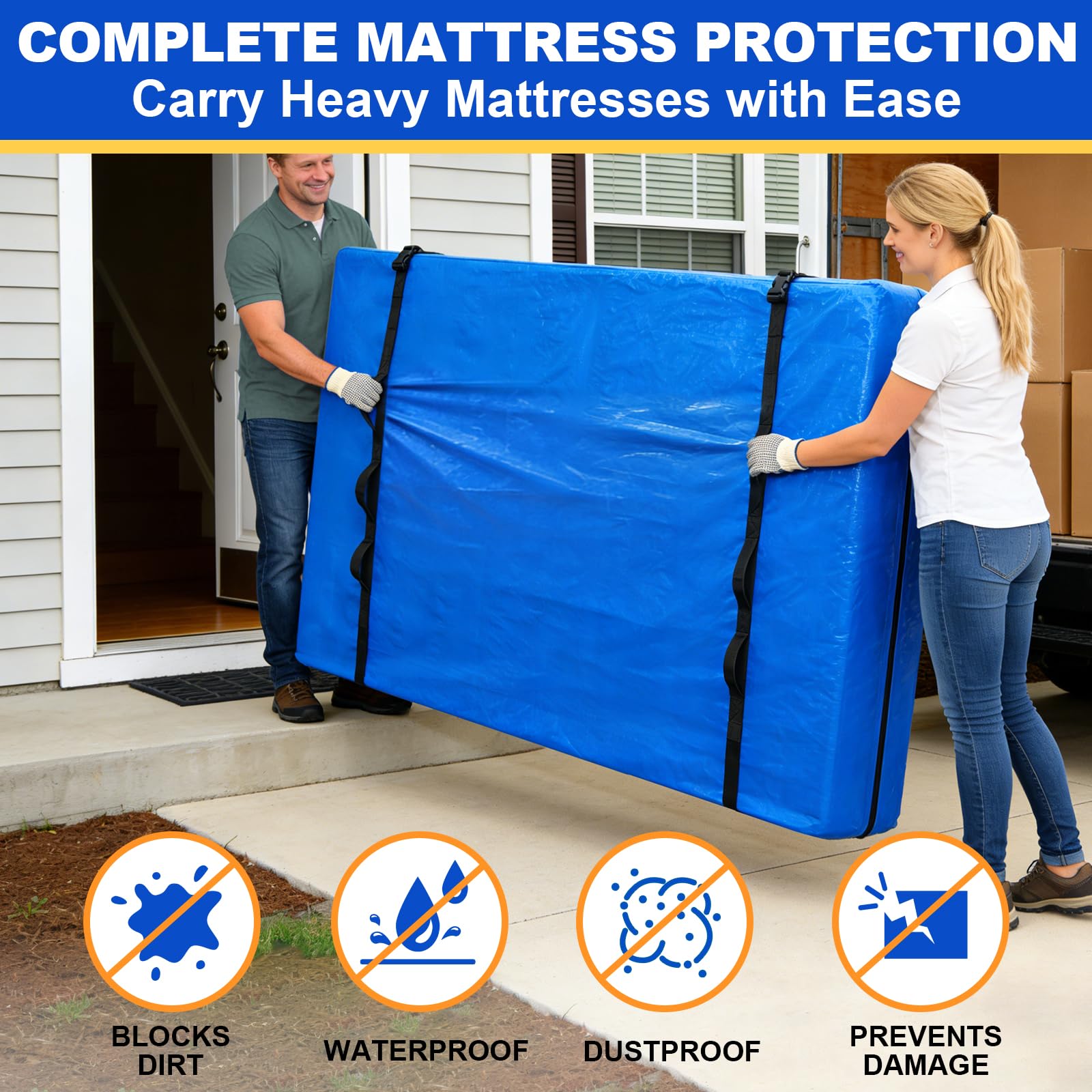 TICONN blue mattress bag with full-around handling for easy carrying