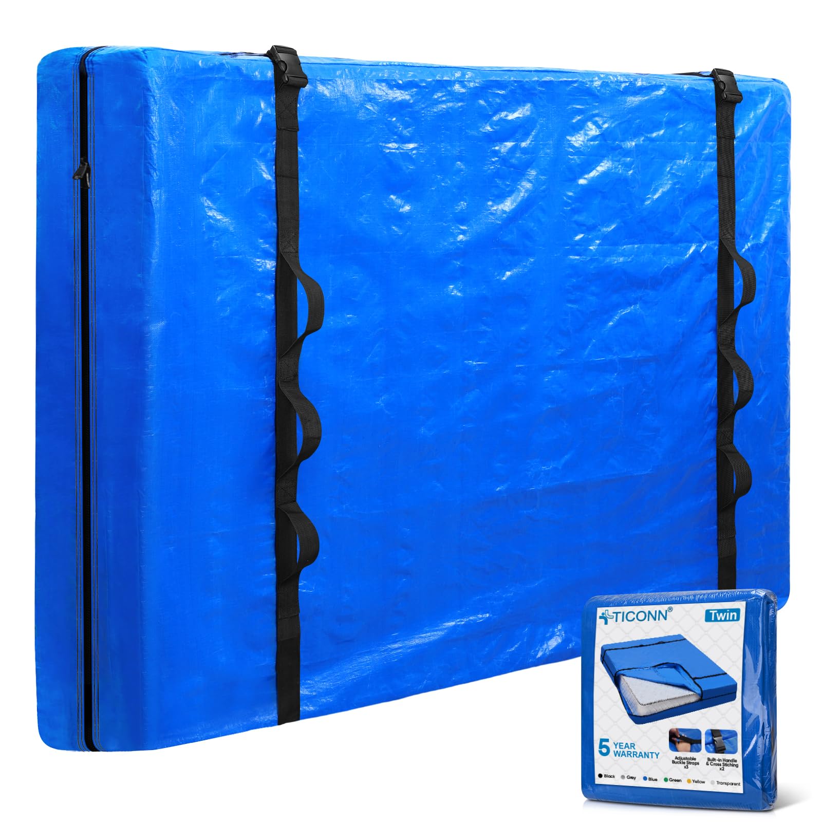 TICONN heavy-duty twin blue mattress bag with a built-in handle for moving