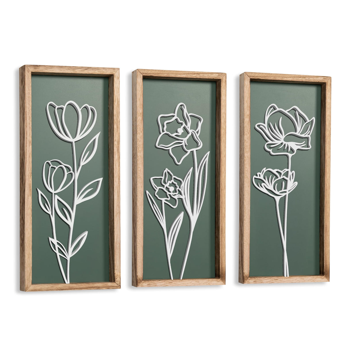 Tide and Tales 3D floral cutout wooden frame adds texture to living room walls.