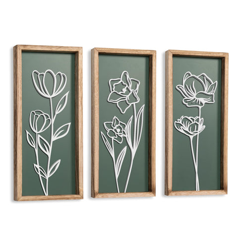 Tide and Tales 3D floral cutout wooden frame adds texture to living room walls.