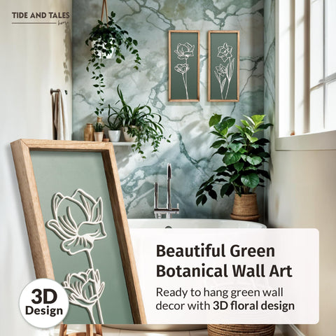 Tide and Tales 3D floral green wall art set calming bedroom décor