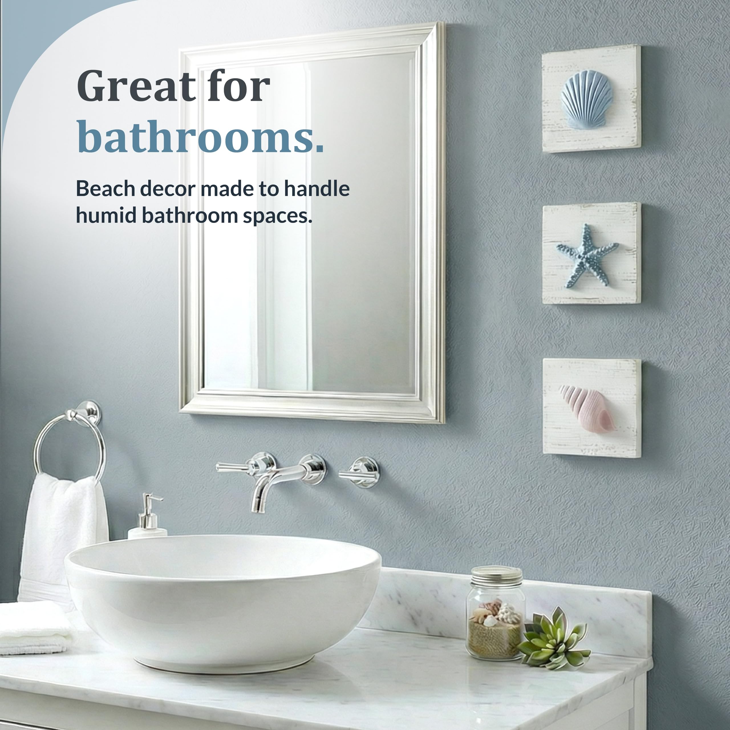 Tide and Tales coastal bathroom decor ideal for humid spaces and quick styling