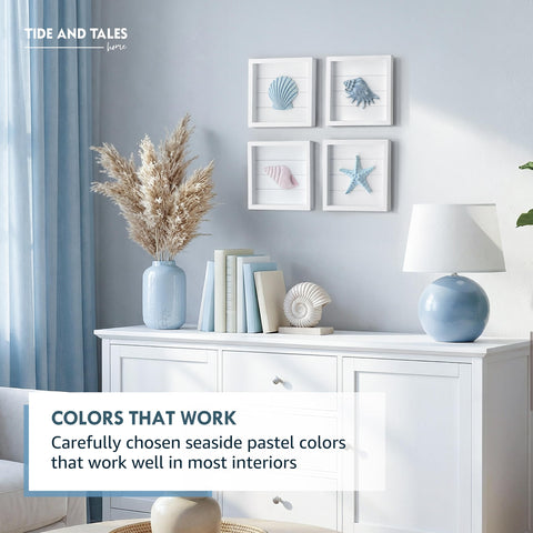 Tide and Tales coastal wall art four-frame set fits small wall spaces beautifully