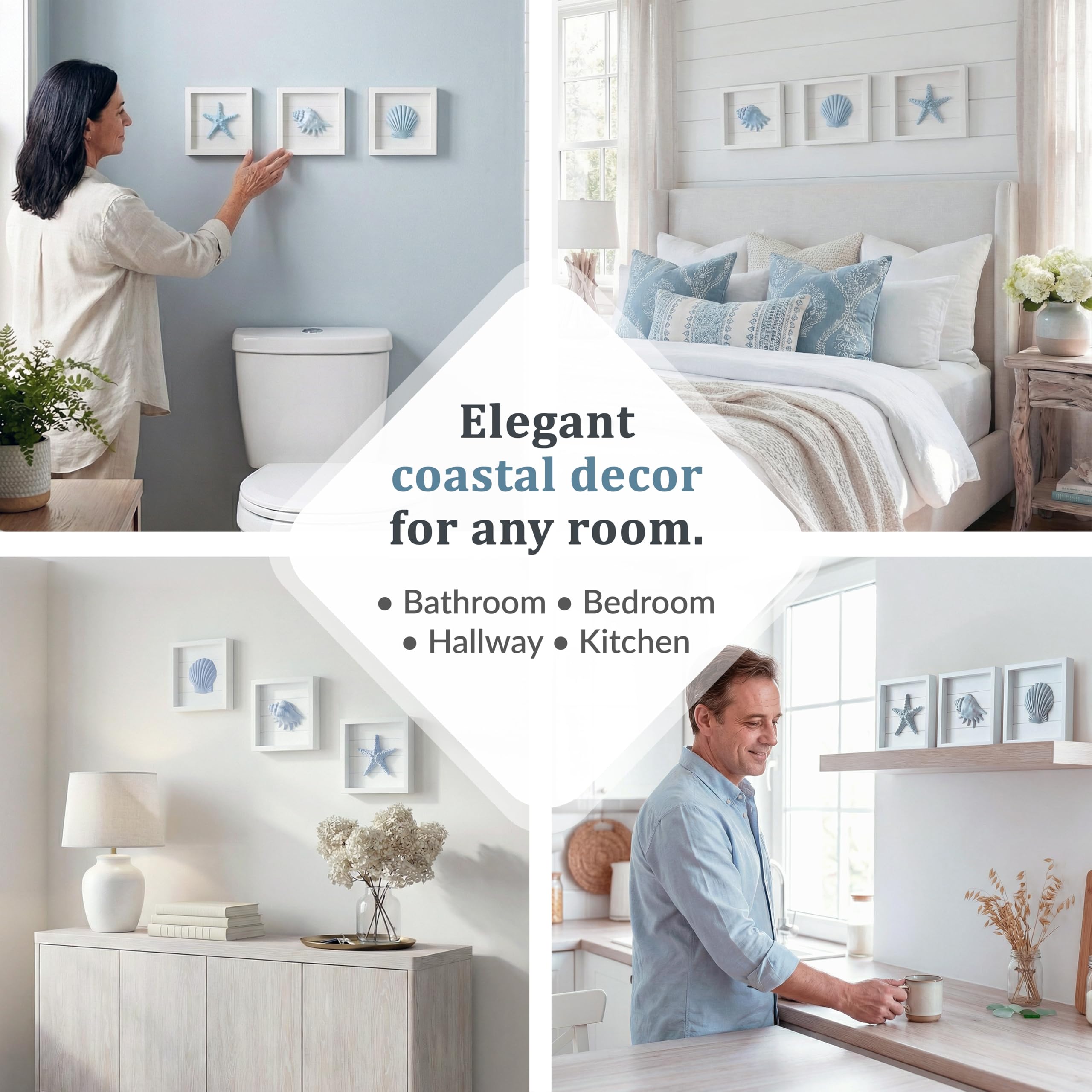 Tide and Tales pastel-blue seashells wall art suits bedrooms or kitchens in coastal style.