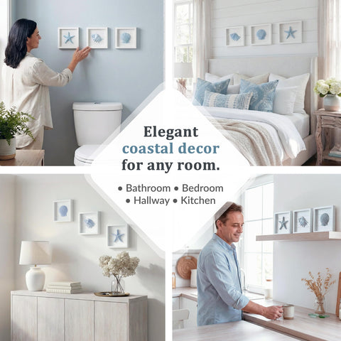Tide and Tales pastel-blue seashells wall art suits bedrooms or kitchens in coastal style.