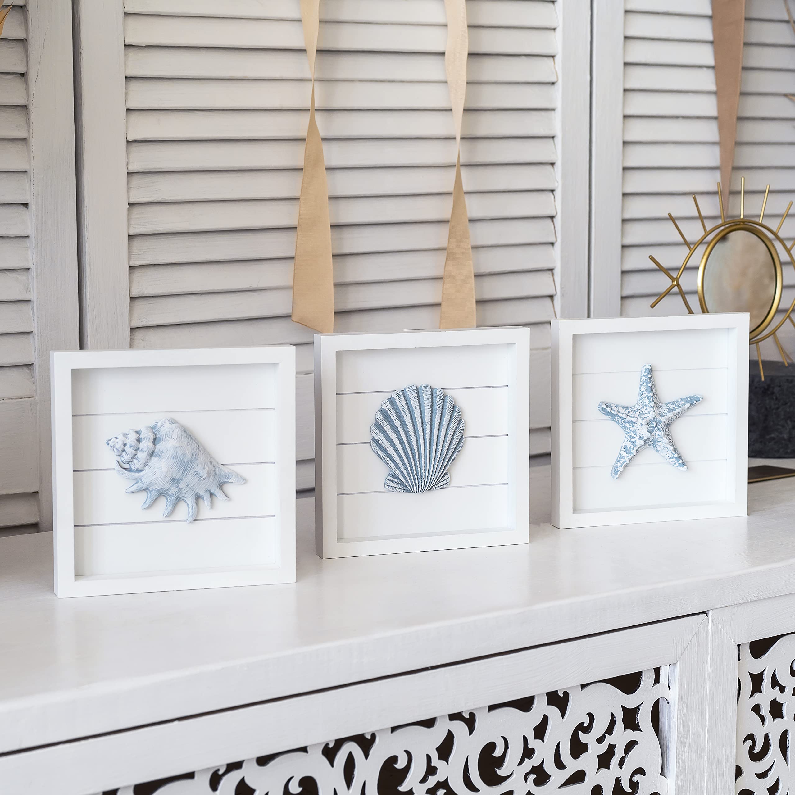Tide and Tales 3D shell display complements nautical living rooms or baths.