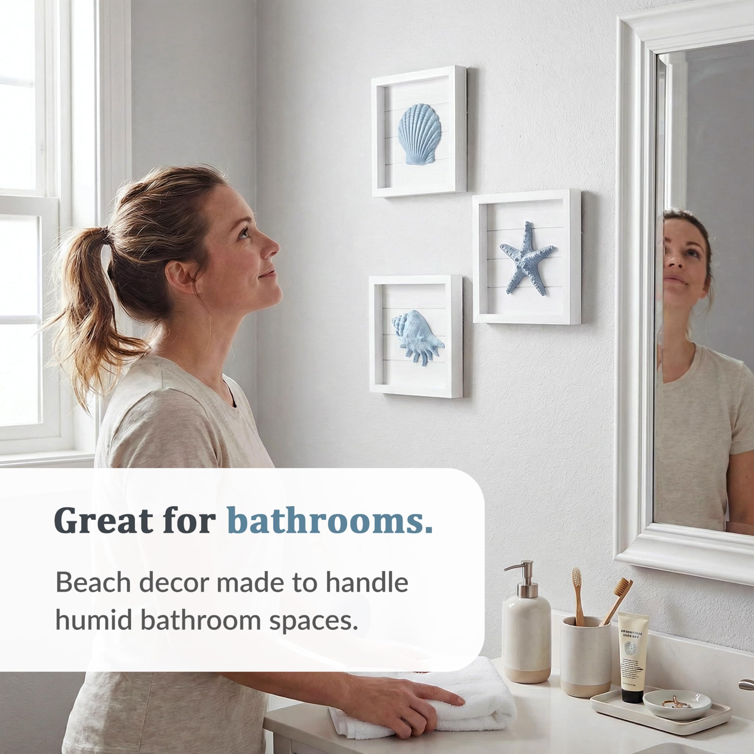 Tide and Tales seashell trio withstands humid bathrooms while preserving delicate colors.