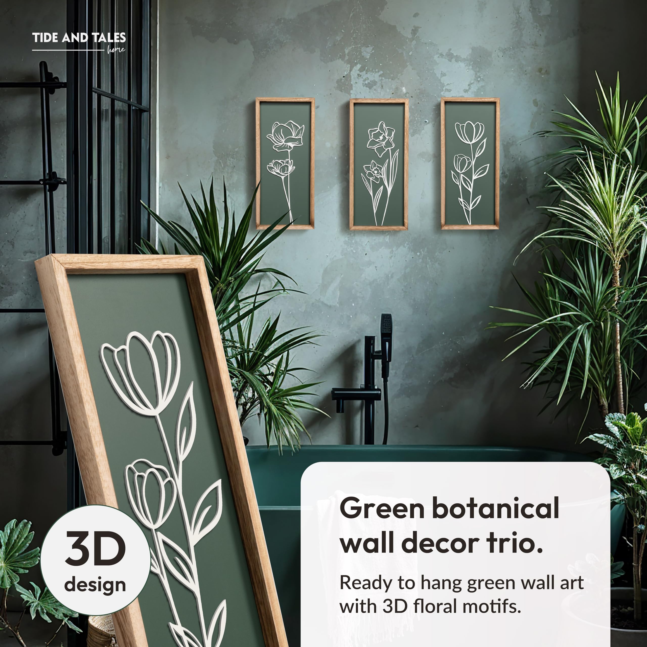 Tide and Tales sage green wall art set of three offers versatile styling.