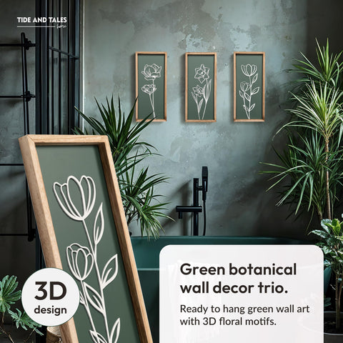 Tide and Tales sage green wall art set of three offers versatile styling.