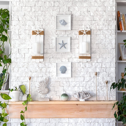Tide and Tales seashell wall art set creates a calming seaside focal point.