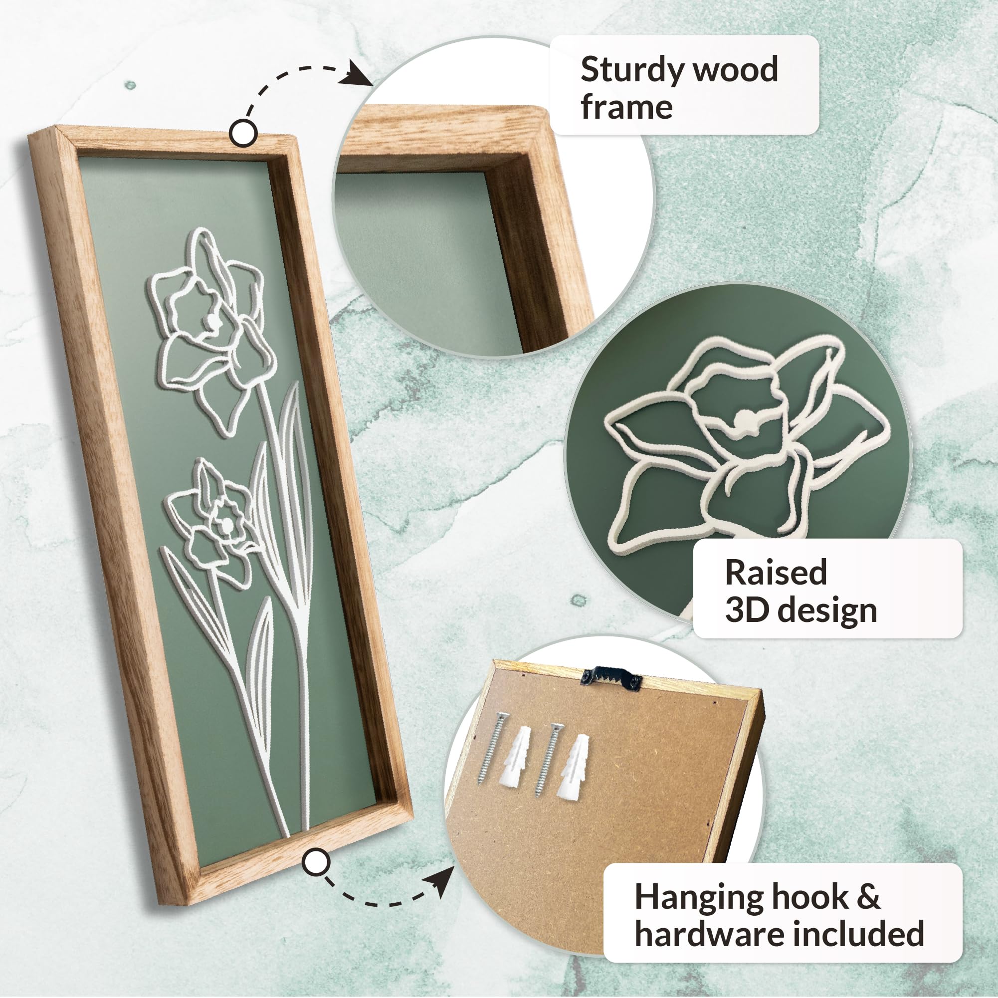 Tide and Tales 3D floral green wall art wood frame quality closeup