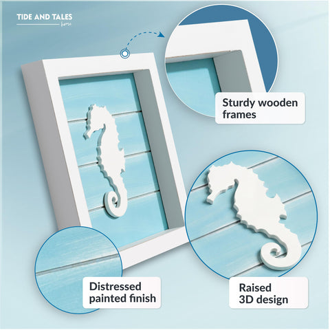 Tide and Tales wooden frames seven by seven inch set delivers ready-to-hang coastal display